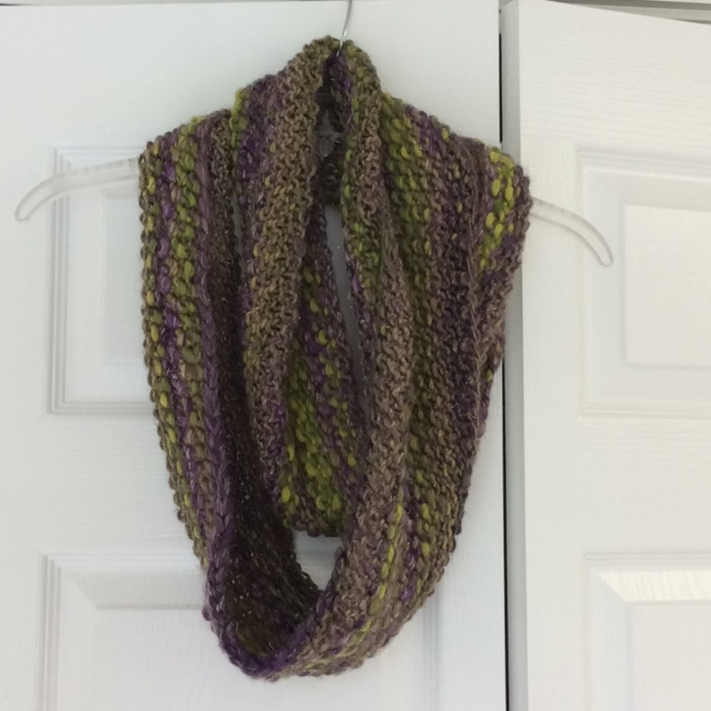 Purple/green infinity scarf w/metallic threads